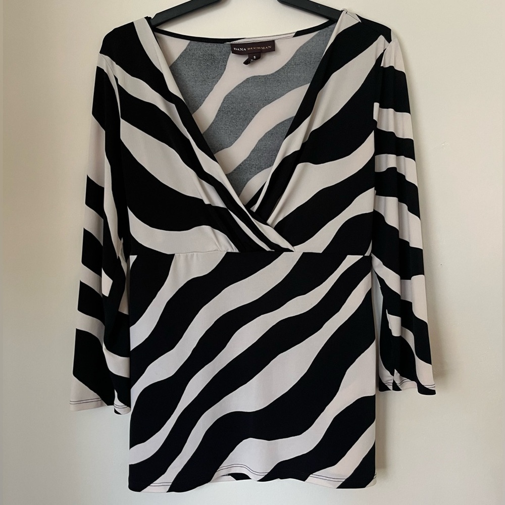 Y2K Dana Buchman Zebra Print Blouse Small V-Neck Abstract Animal Print Retro